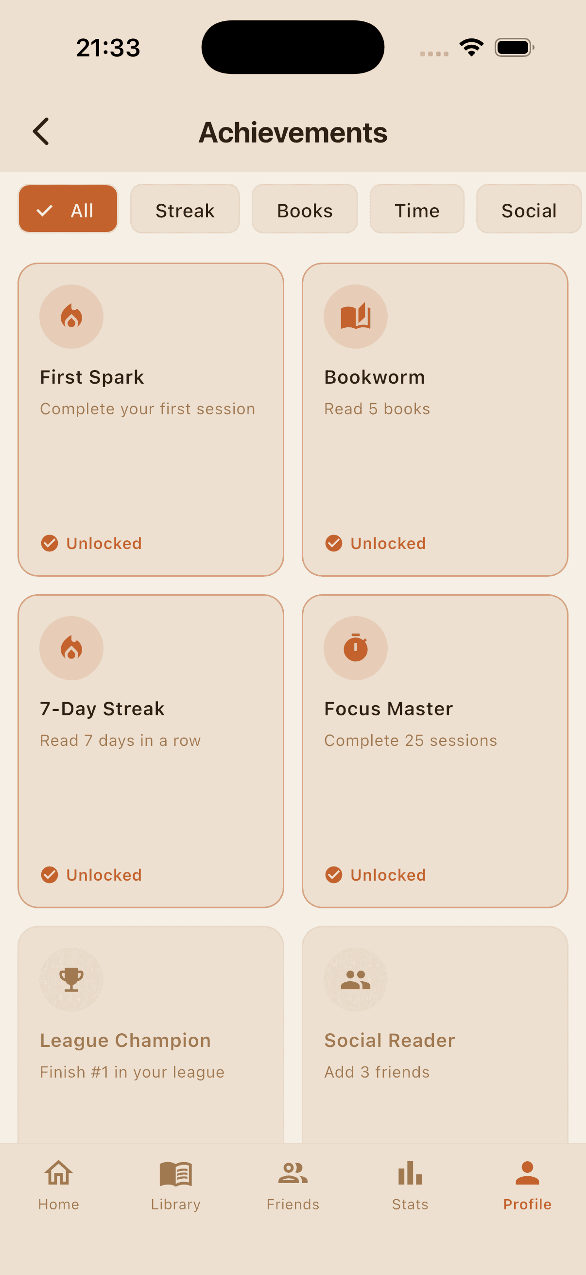 Bookadoro achievements screen